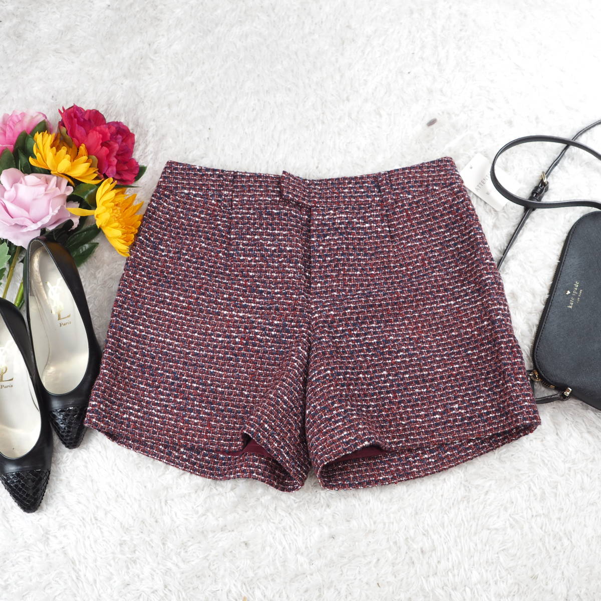 G1144* ultimate beautiful goods * tag equipped *UNTITLED Untitled * tweed * short pants * dark red *2