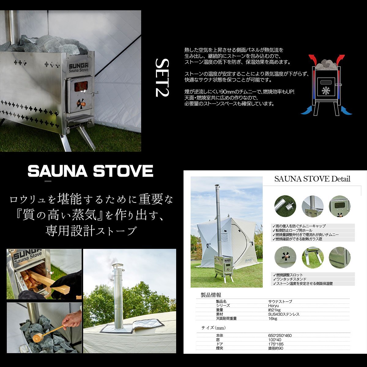 SUNGA Hoyryシリーズ サウナテントブラック サウナストーブ サウナ