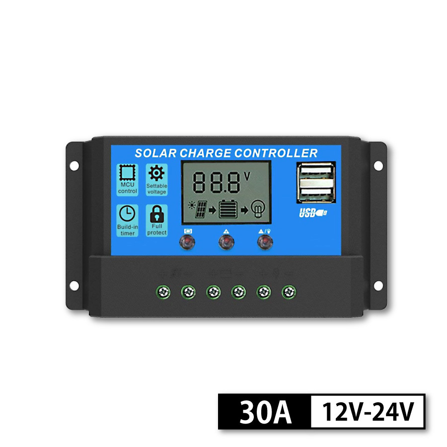 売れ筋新商品 30A ソーラーパネル コントローラー PWM式 12V 24V LCD液晶 チャージコントローラー レギュレーター USB付き ソーラーチャージ 