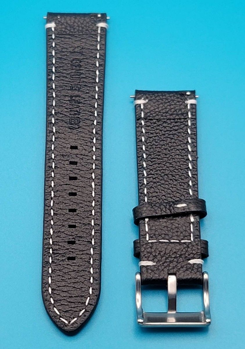 腕時計用品⑪【未使用】取付幅 22㎜ レザーベルト黒色 ブラック 白色 ホワイト ステッチ 銀色20㎜尾錠 クイックリリース
