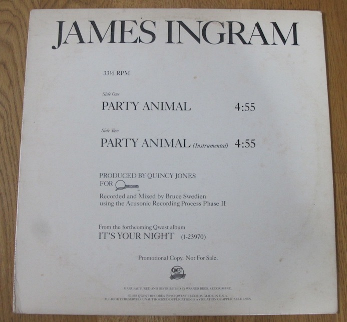 JAMES INGRAM - PARTY ANIMAL US盤PROMO 12インチ (US / QWEST / 1983年) (QUINCY JONES / BRUCE SWEDIEN) (DISCO / POP)_画像1