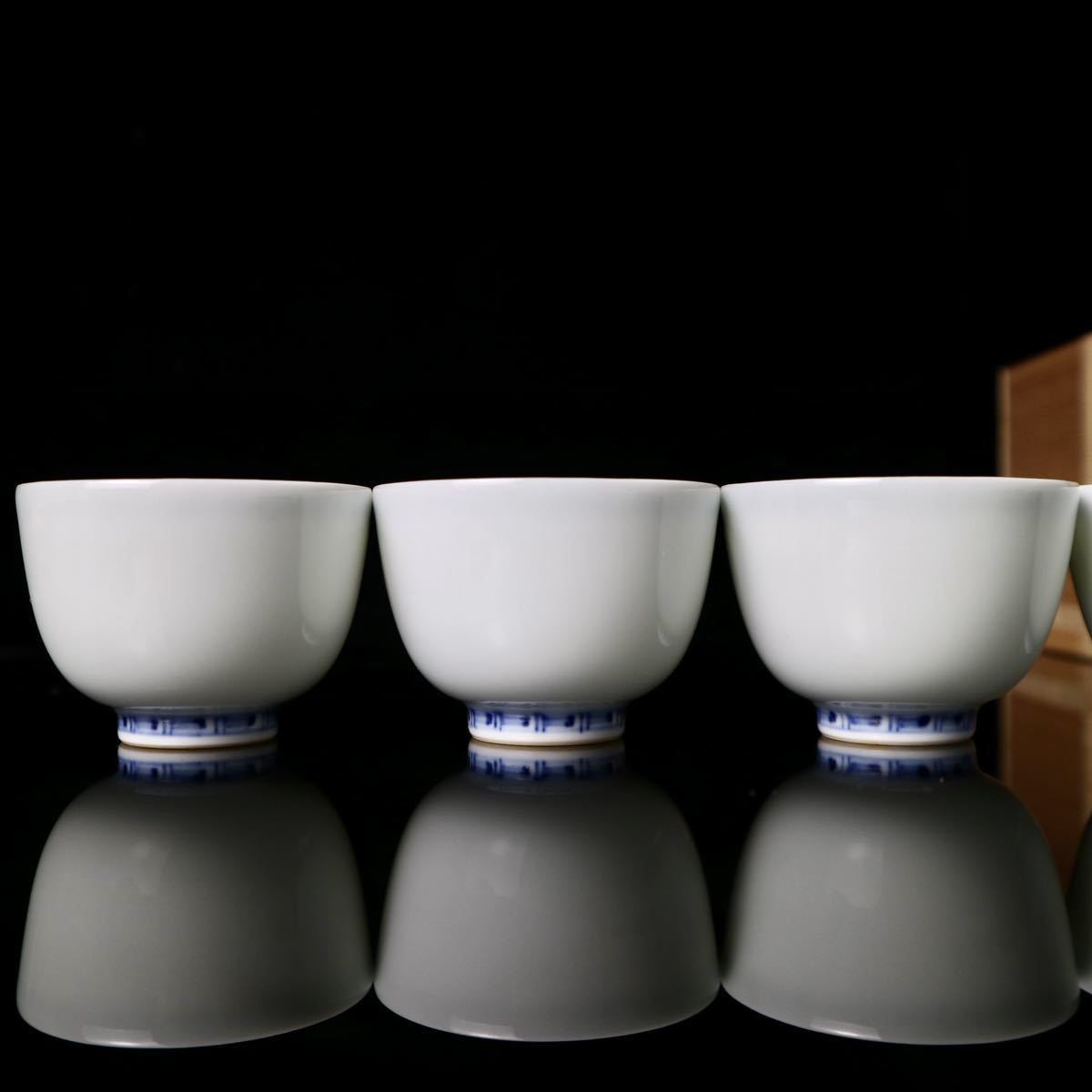 煎茶道具 京焼 大丸北峰作 青華 染付 煎茶碗6客 共箱 無傷美品