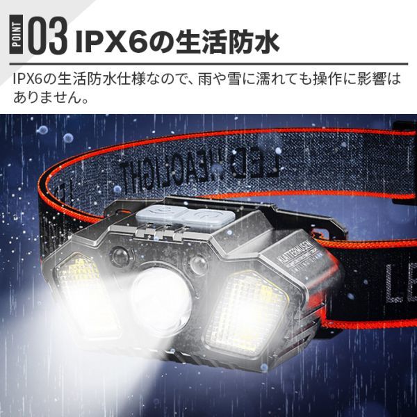 進化版XPE LEDヘッドライト 充電式ヘッドランプ センサー機能5段階調光SOS機能 800ルーメンiPX67 防水 52g 軽量 充電インジケータ_画像8