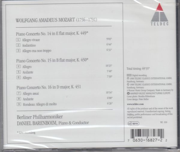 [CD/Teldec]モーツァルト:ピアノ協奏曲第14番変ホ長調K.449&ピアノ協奏曲第15番変ロ長調K.450他/D.バレンボイム(p & cond)&BPO_画像2
