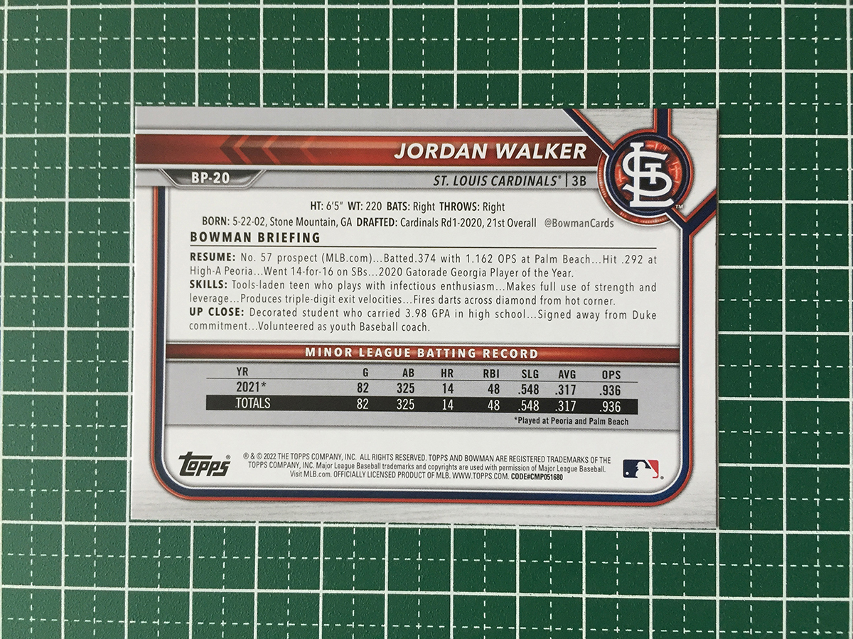 ★TOPPS MLB 2022 BOWMAN #BP-20 JORDAN WALKER［ST. LOUIS CARDINALS］ベースカード「PAPER PROSPECTS」★_画像2