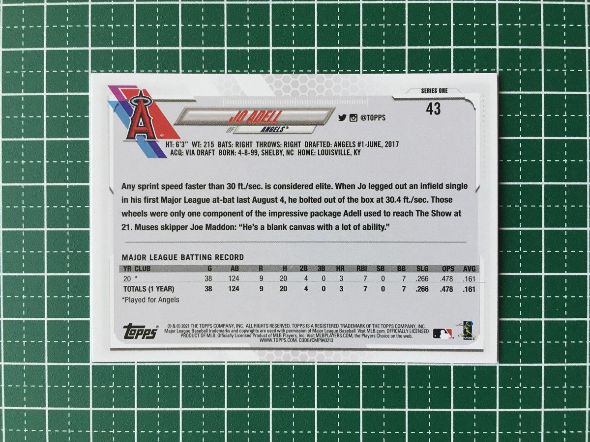 ★TOPPS MLB 2021 SERIES 1 #43 JO ADELL［LOS ANGELES ANGELS］ベースカード「BASE」ルーキー「RC」★_画像2