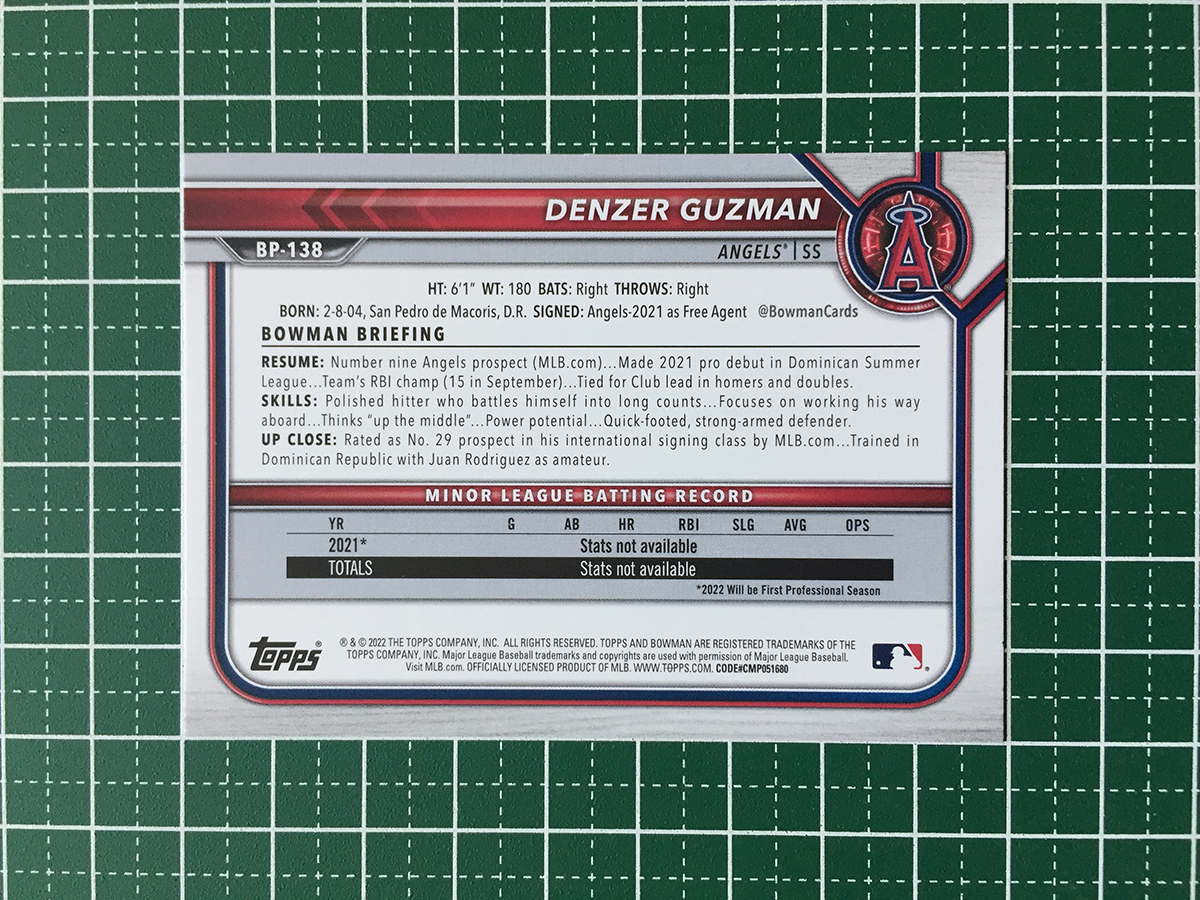 ★TOPPS MLB 2022 BOWMAN #BP-138 DENZER GUZMAN［LOS ANGELES ANGELS］ベースカード「PAPER PROSPECTS」「1st」★_画像2