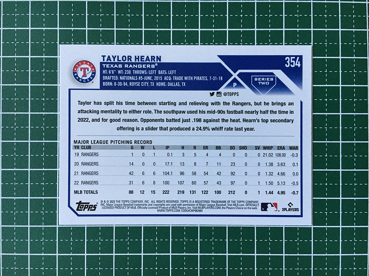 ★TOPPS MLB 2023 SERIES 2 #354 TAYLOR HEARN［TEXAS RANGERS］ベースカード「BASE」★_画像2