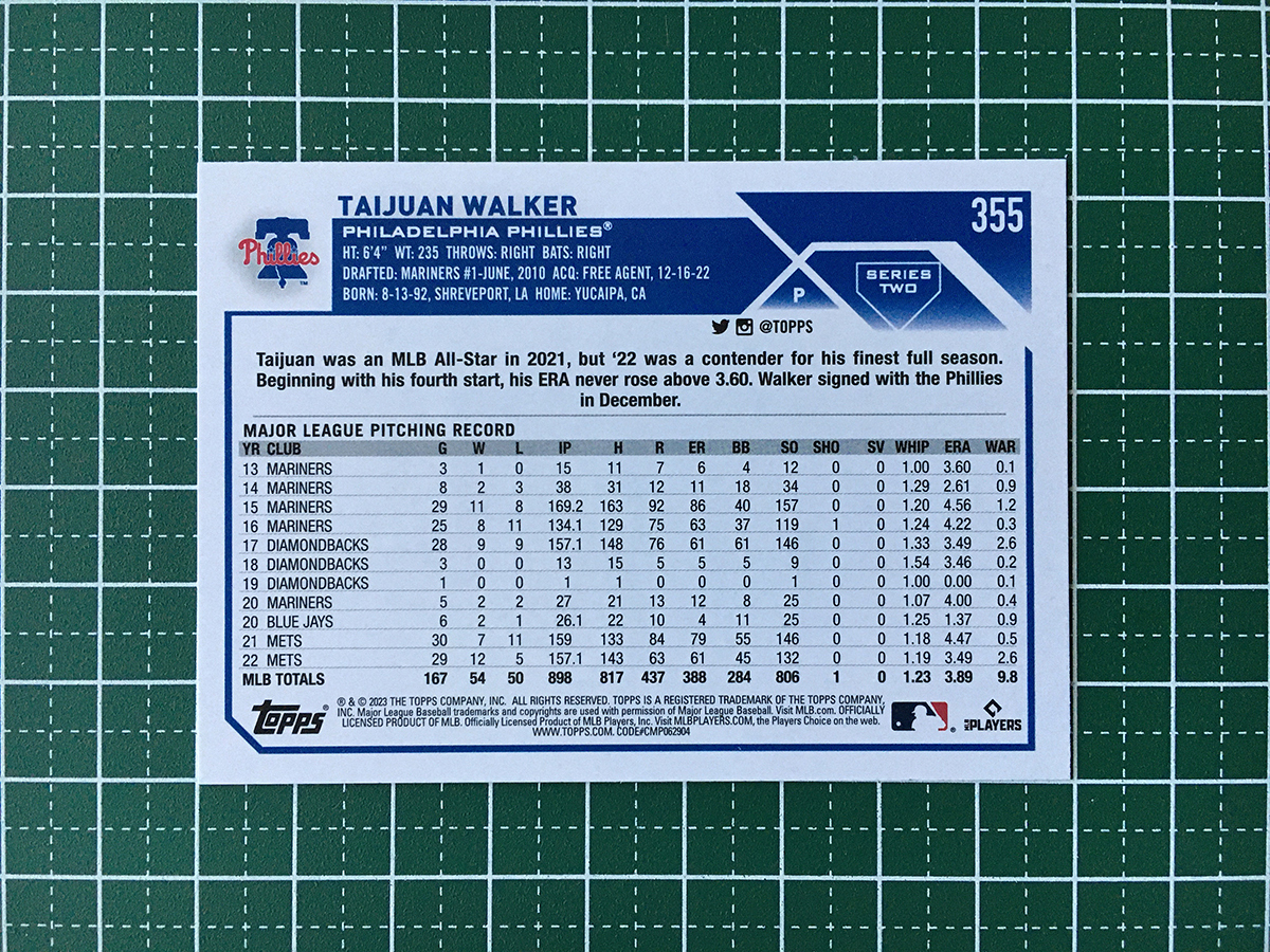 ★TOPPS MLB 2023 SERIES 2 #355 TAIJUAN WALKER［PHILADELPHIA PHILLIES］ベースカード「BASE」★_画像2