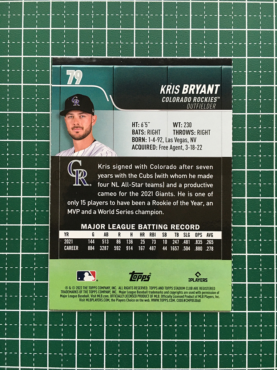 ★TOPPS MLB 2022 STADIUM CLUB #79 KRIS BRYANT［COLORADO ROCKIES］ベースカード「BASE」★_画像2