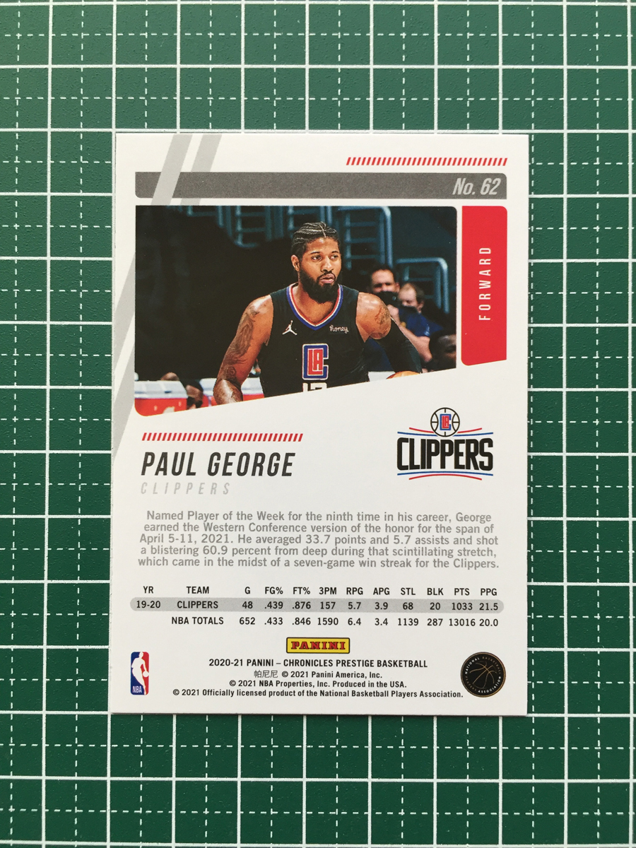 ★PANINI 2020-21 NBA CHRONICLES #62 PAUL GEORGE［LOS ANGELES CLIPPERS］ベースカード「PRESTIGE」★の画像2
