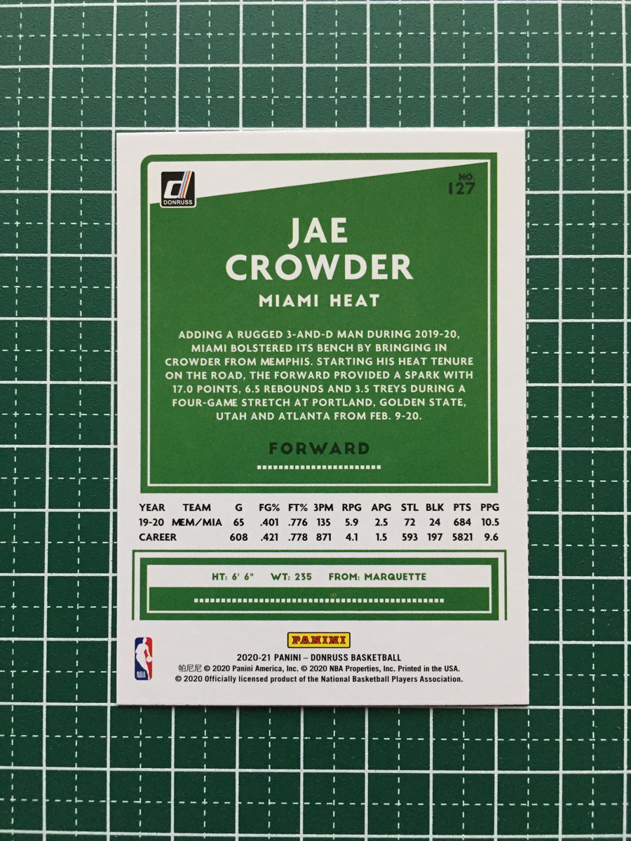 ★PANINI 2020-21 NBA DONRUSS #127 JAE CROWDER［MIAMI HEAT］ベースカード「BASE」★_画像2