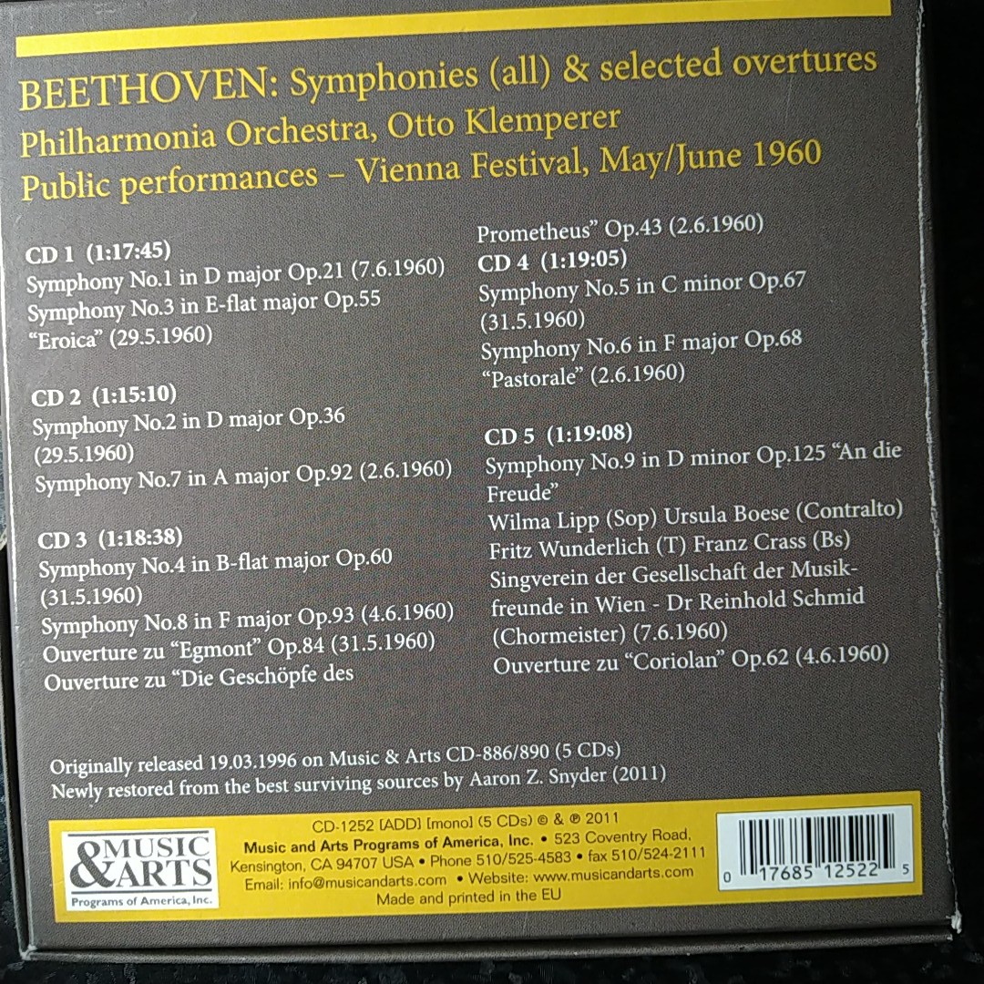 f（MUSIC&ARTS 5CD）クレンペラー　ベートーヴェン　交響曲全集　ウィーン 1960 Beethoven Complete Symphonies Klemperer_画像2