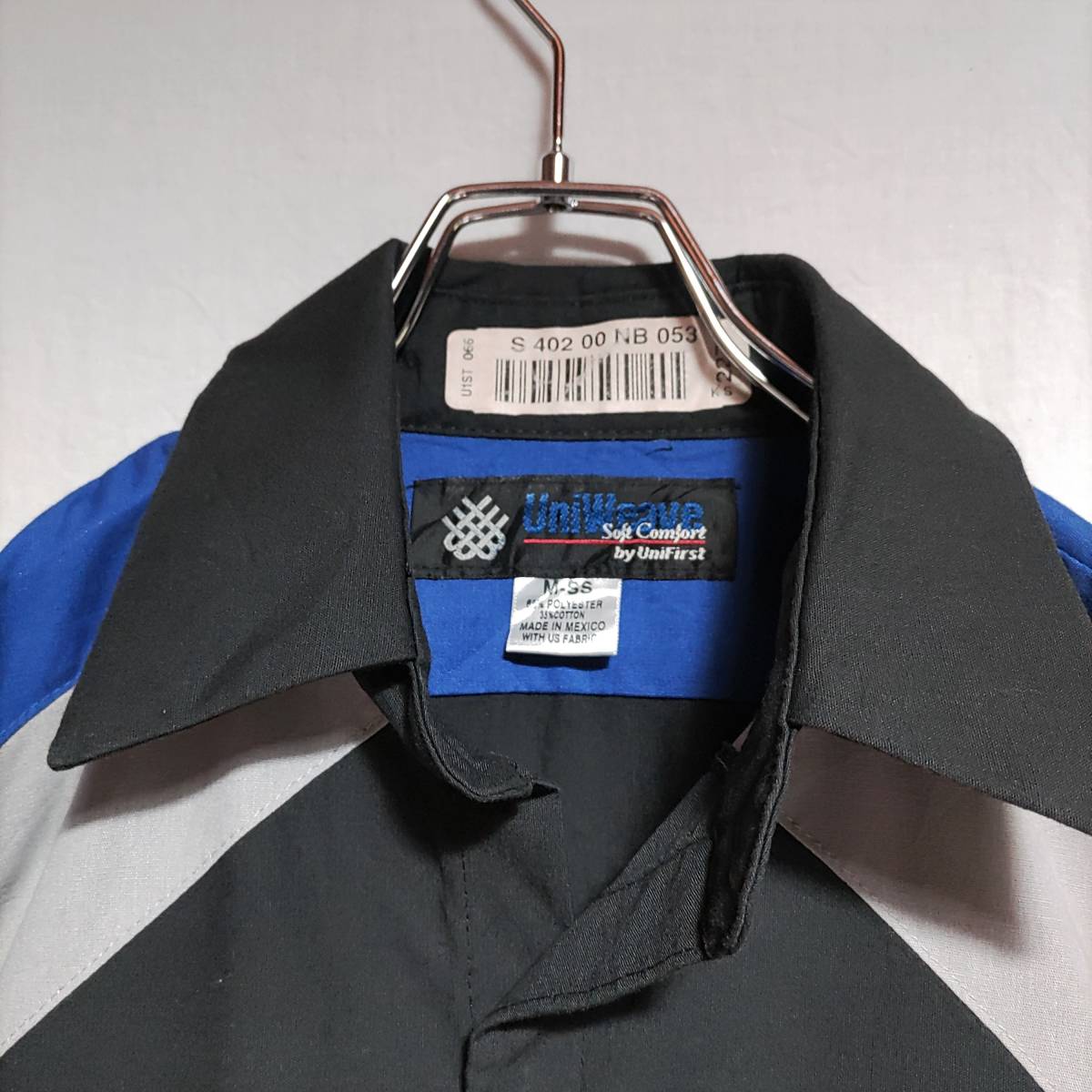 UniWeave 半袖ワークシャツ M ブラック ブルー ゆうパケットポスト可 ワッペン CAR Max 企業モノ サイドスリット 古着 洗濯 プレス済 256_画像4