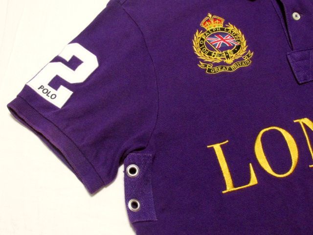 Polo Ralph Lauren ラルフローレン LONDON ロンドン 半袖 鹿の子 ポロシャツ L★パープル 紫 ビッグポニー ナンバリング 刺繍 CUSTOM FIT_画像6