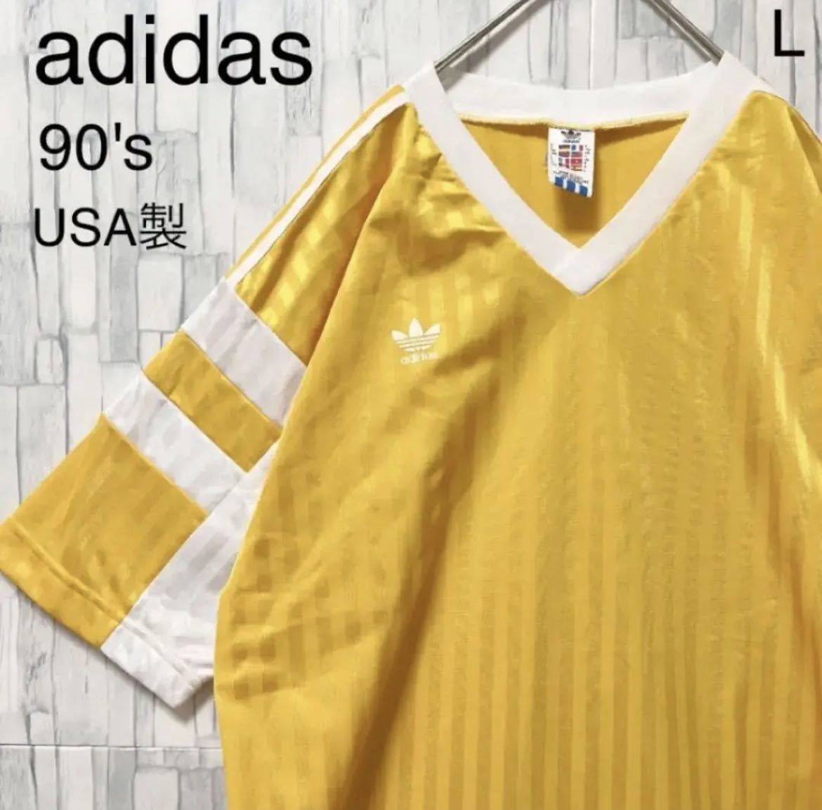 adidas オールド アディダス ゲームシャツ リンガーＴシャツ ユニフォーム サッカーシャツ 90s L イエロー 半袖 万国旗タグ USA製  3ライン