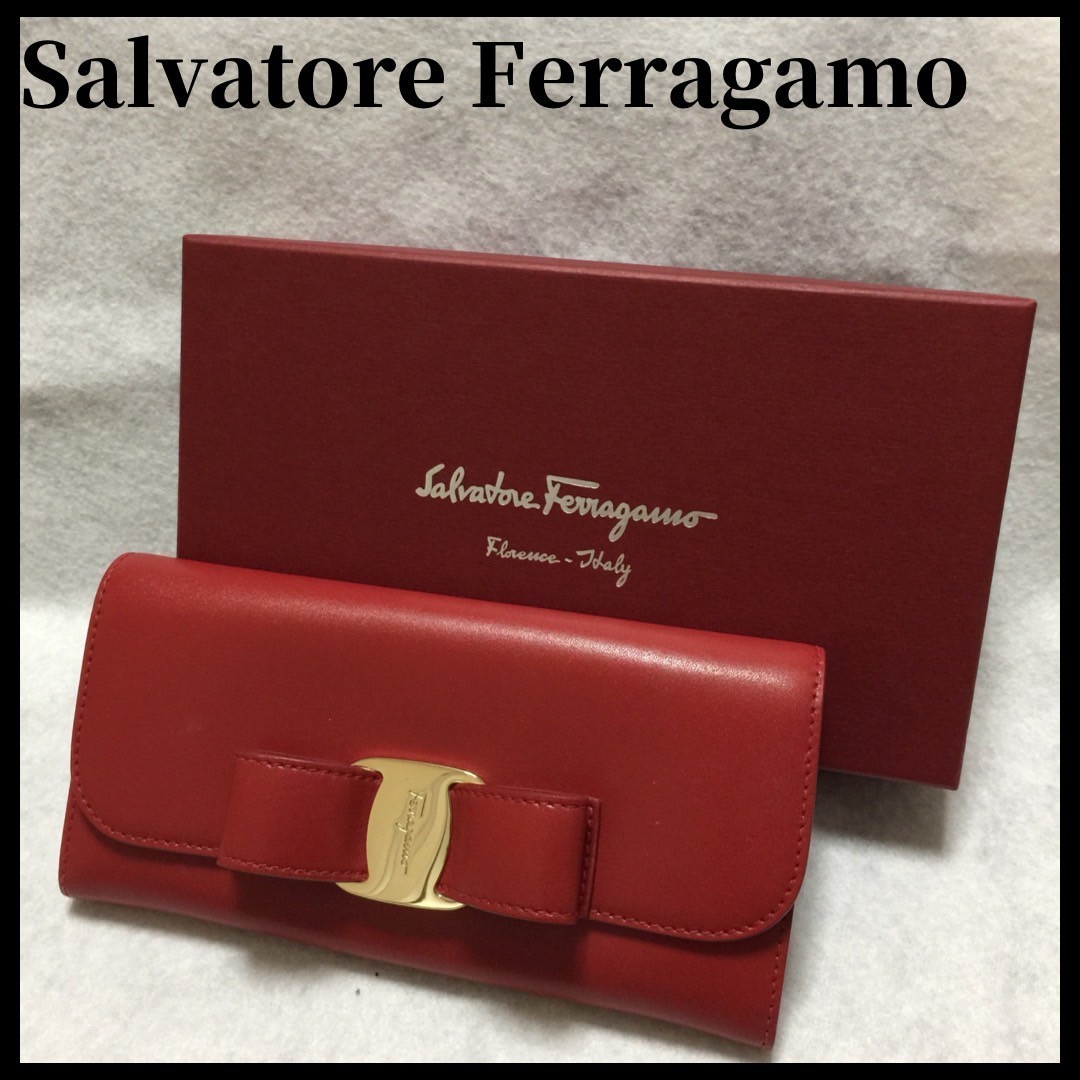 美品】Salvatore Ferragam ヴァラ リボン 赤 長財布 レッド-