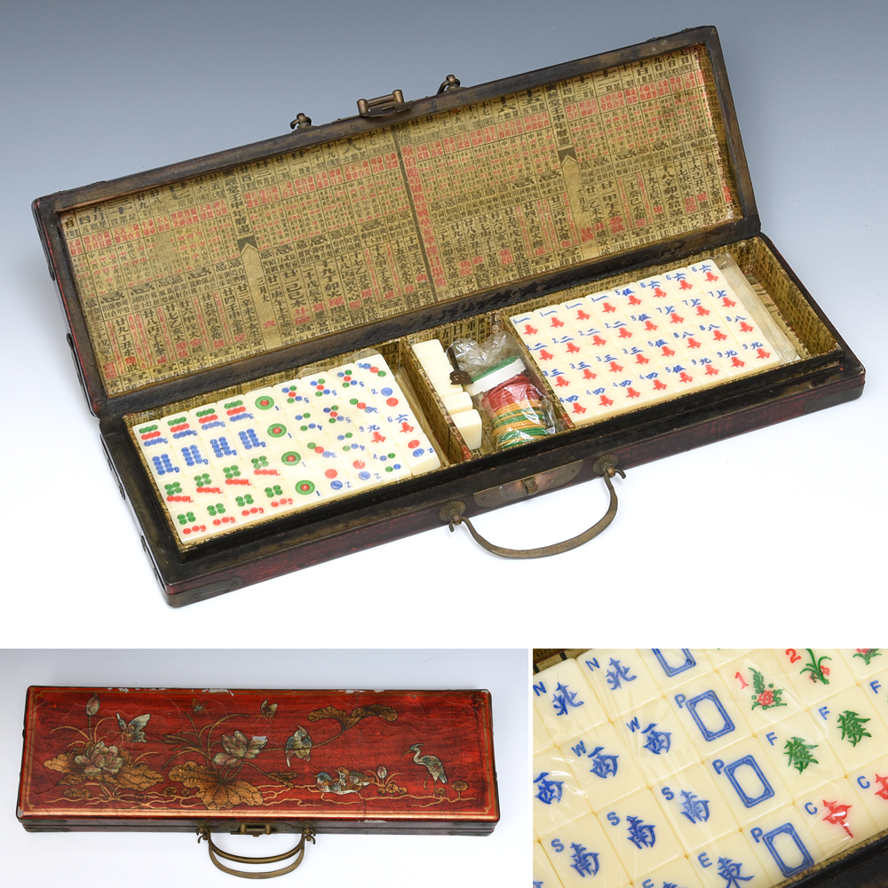 中国 時代 麻雀牌 セット 専用箱 唐物 古玩 玩具 卓上ゲーム ボードゲーム マージャン Mahjong パイ 牌　　z5076n