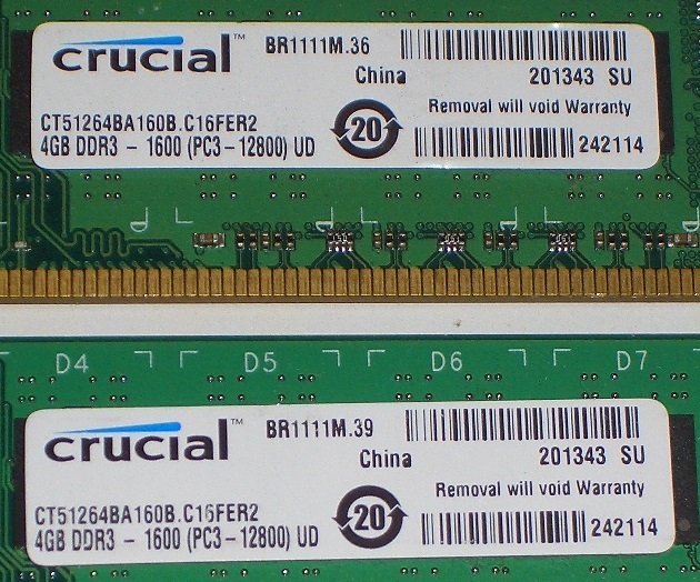 ◇高信頼！crucial製 PC3-12800 (DDR3-1600) 8GB（4GB×2枚）完動品 即決！☆送料120円！ 