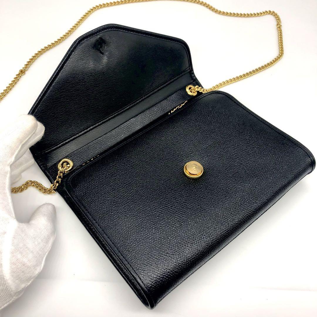 【未使用保管品】 Christian Dior ディオール チェーン ショルダーバッグ ポーチ 黒 ブラック ロゴ金具 肩掛け ワンショルダー レザー 革