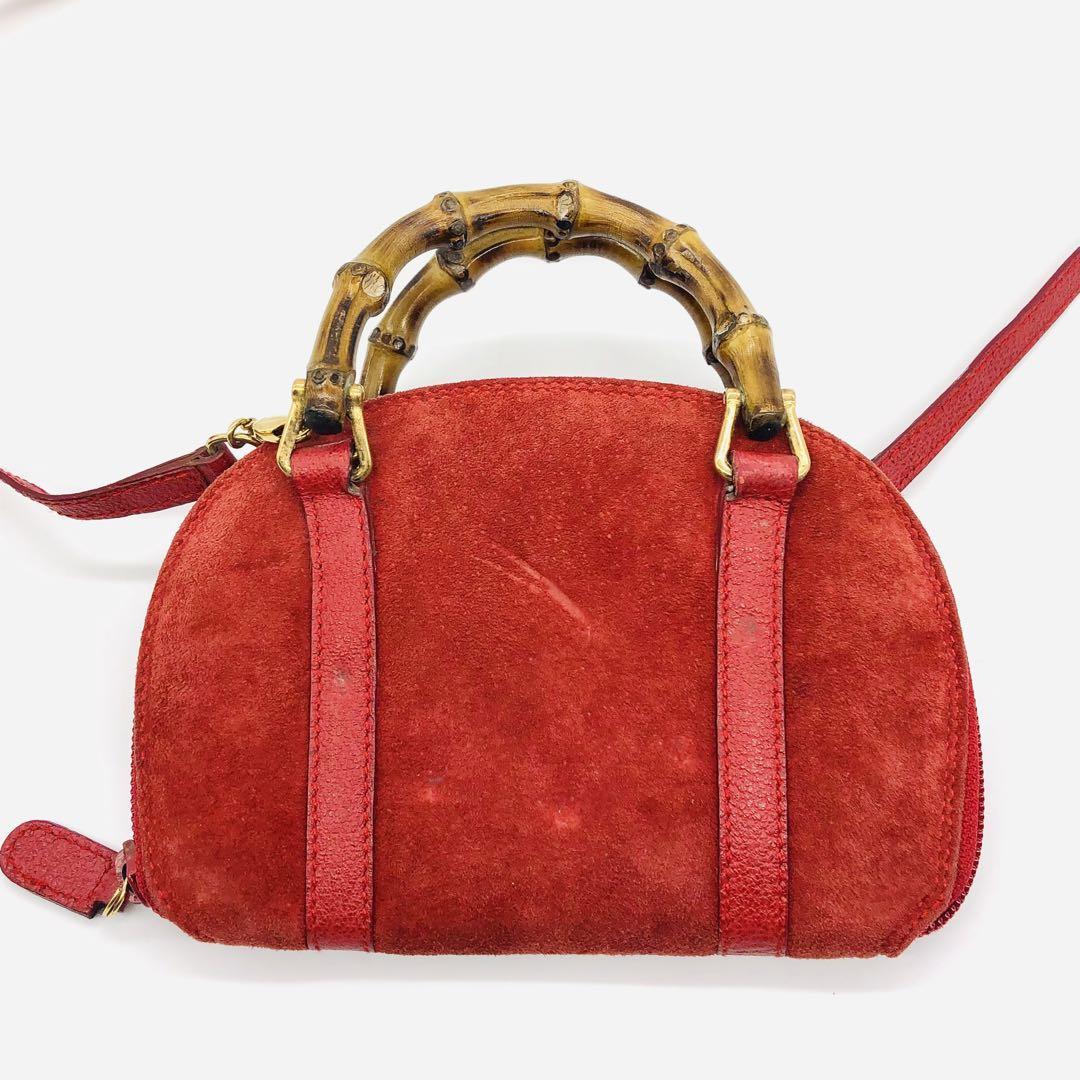 【希少品】 GUCCI グッチ ミニショルダーバッグ コンパクト ポーチ ポシェット バンブー 2way レザー スエード 赤 レッド 肩掛け 斜め掛け