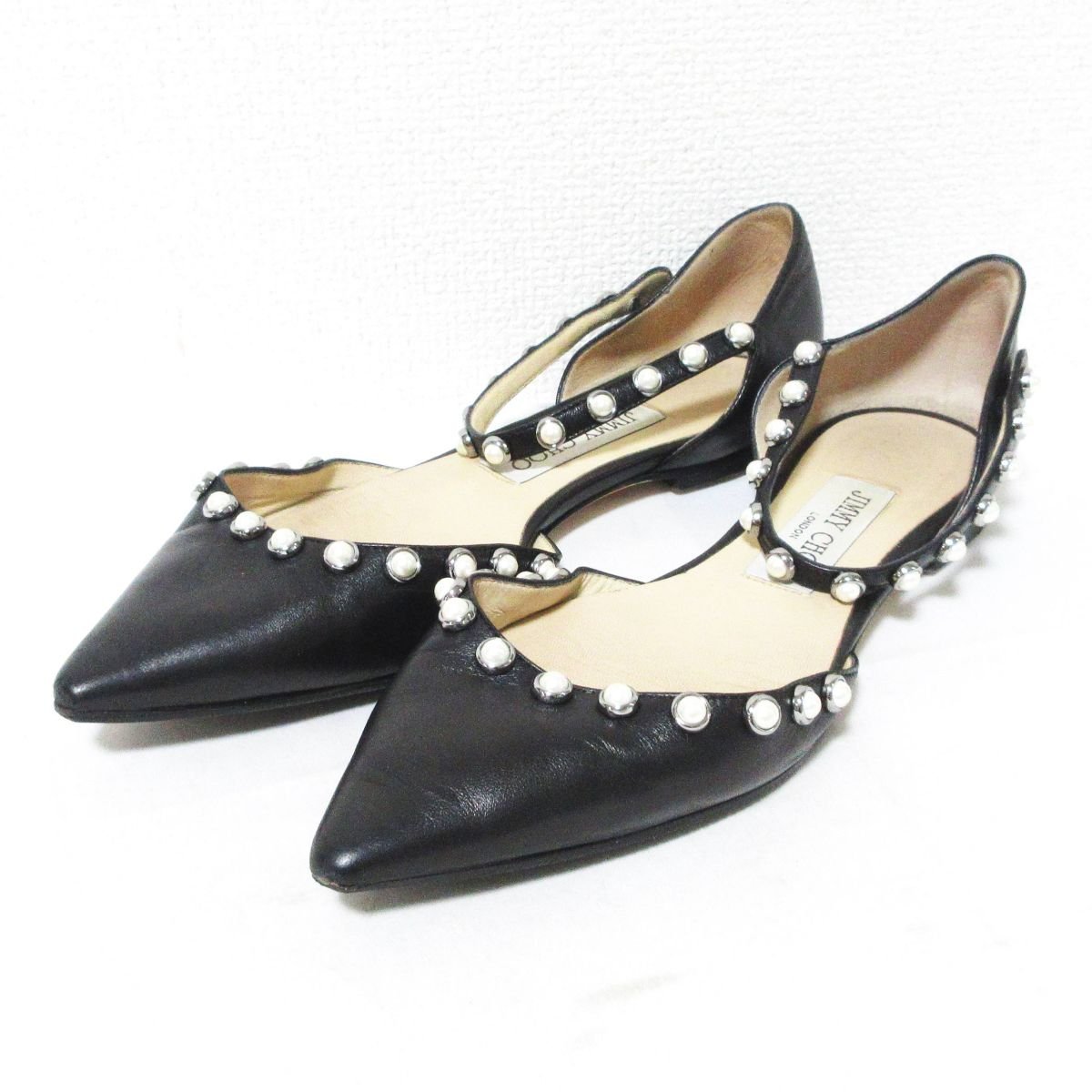  beautiful goods Jimmy Choo LEEMA leather po Inte dotu fake pearl strap flat shoes pumps 36 1/2 approximately 23.5cm black black 