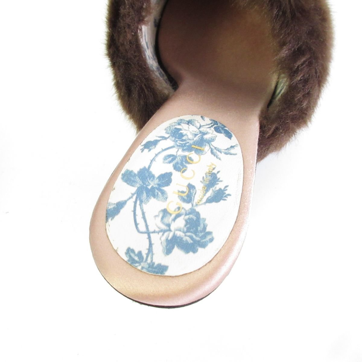 美品 GUCCI グッチ サテン×エコファー ビジュー装飾 ラウンドトゥ