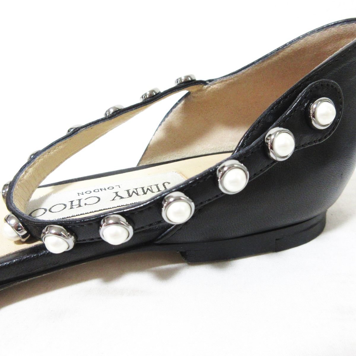  beautiful goods Jimmy Choo LEEMA leather po Inte dotu fake pearl strap flat shoes pumps 36 1/2 approximately 23.5cm black black 