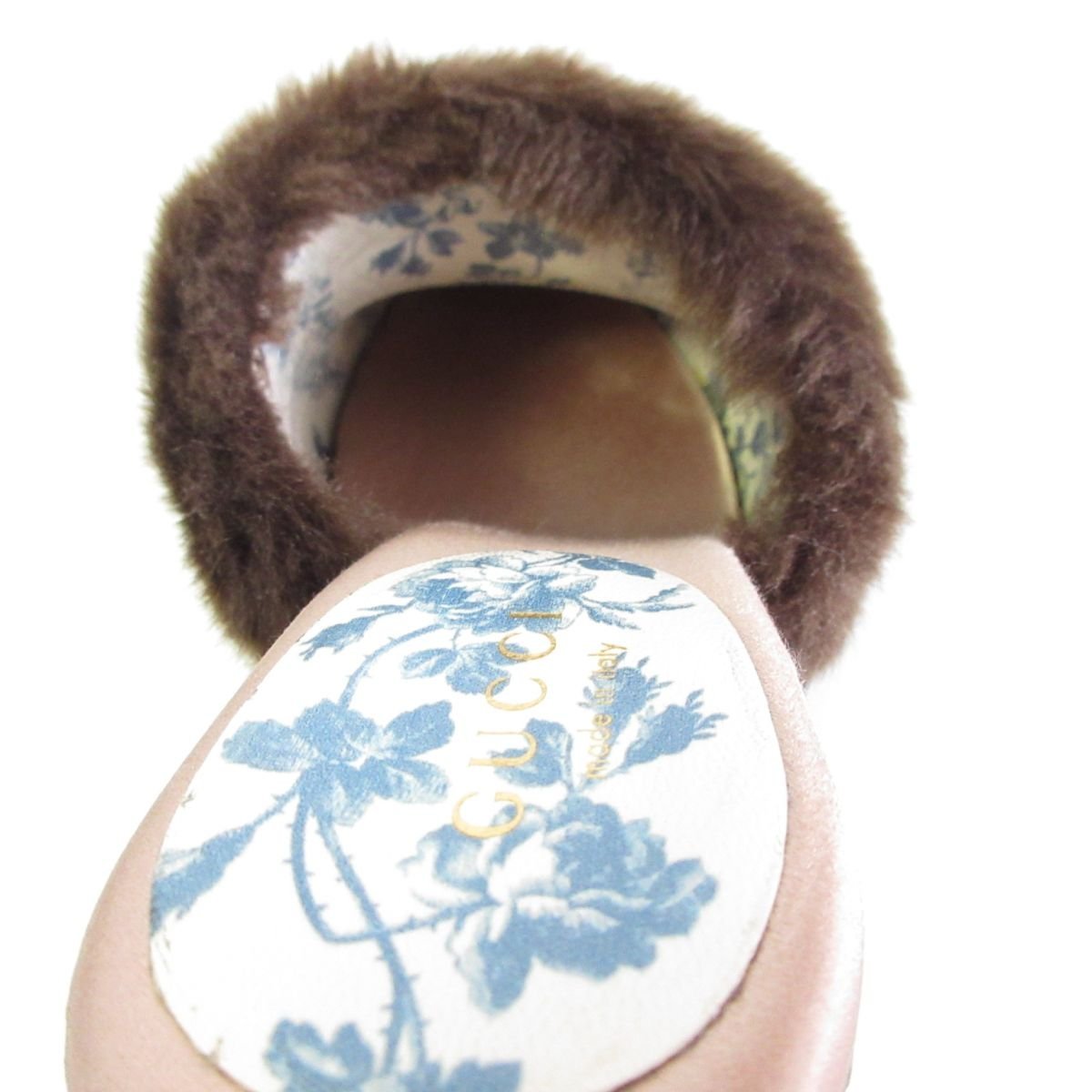 美品 GUCCI グッチ サテン×エコファー ビジュー装飾 ラウンドトゥ
