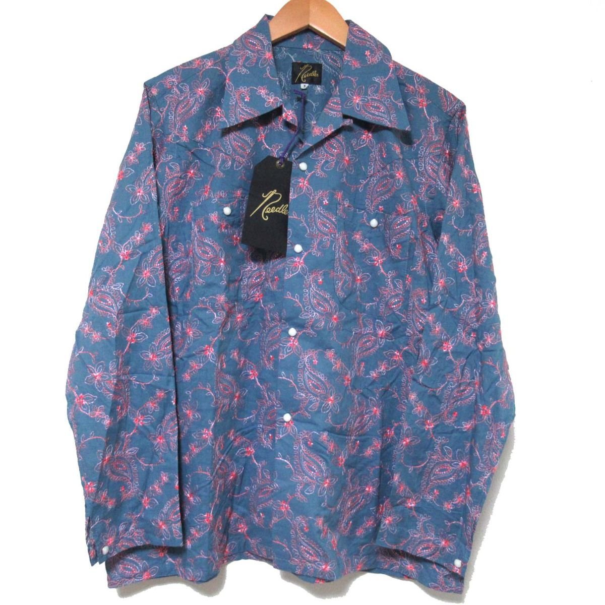 未使用 Needles ニードルズ ニードルス Cowboy Shirt フラワー刺繍 長袖 ウエスタンシャツ EJ187 Sサイズ ブルー系 C0602