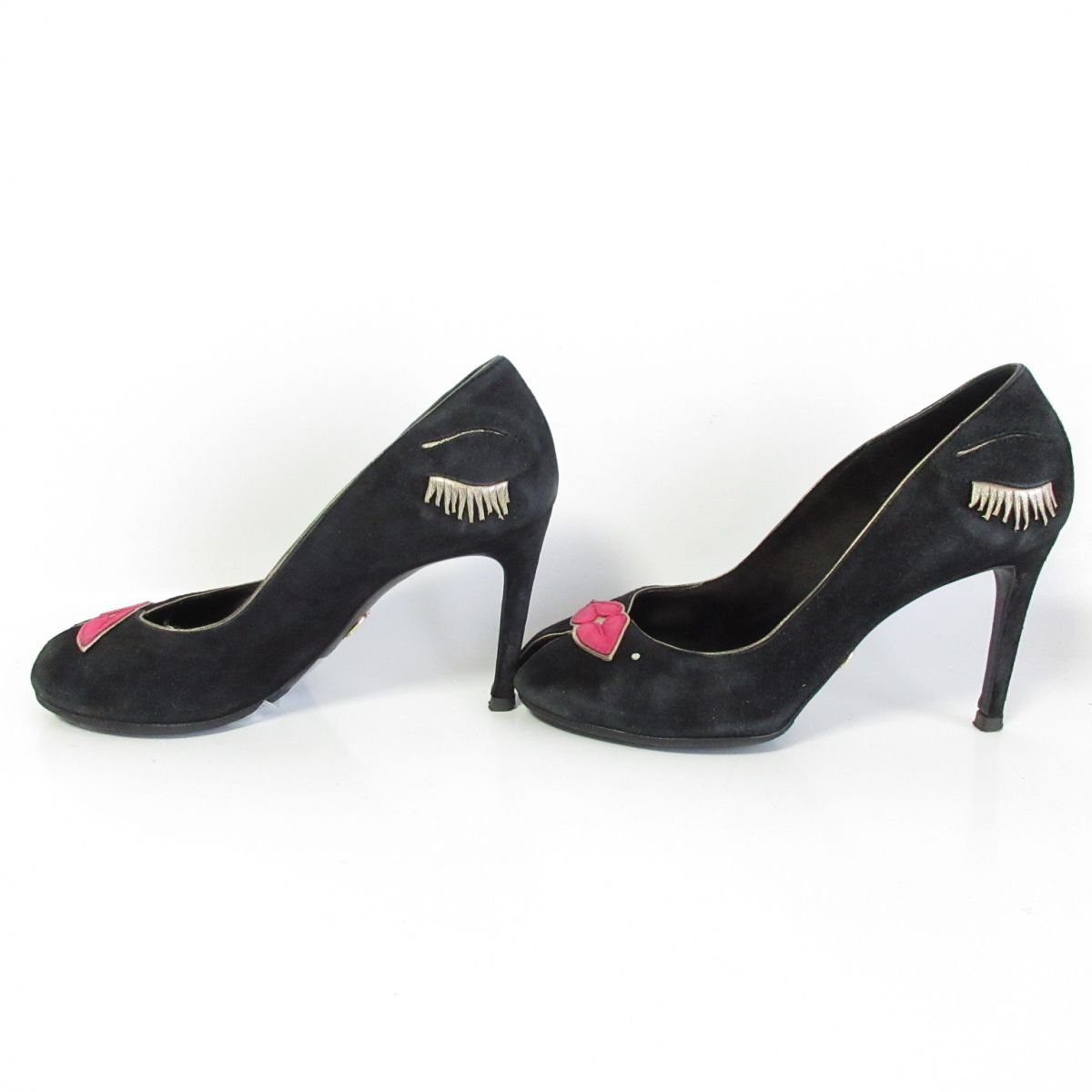  superior article DOLCE & GABBANA Dolce & Gabbana suede design badge high heel pumps 35 1/2 approximately 22.5cm black 