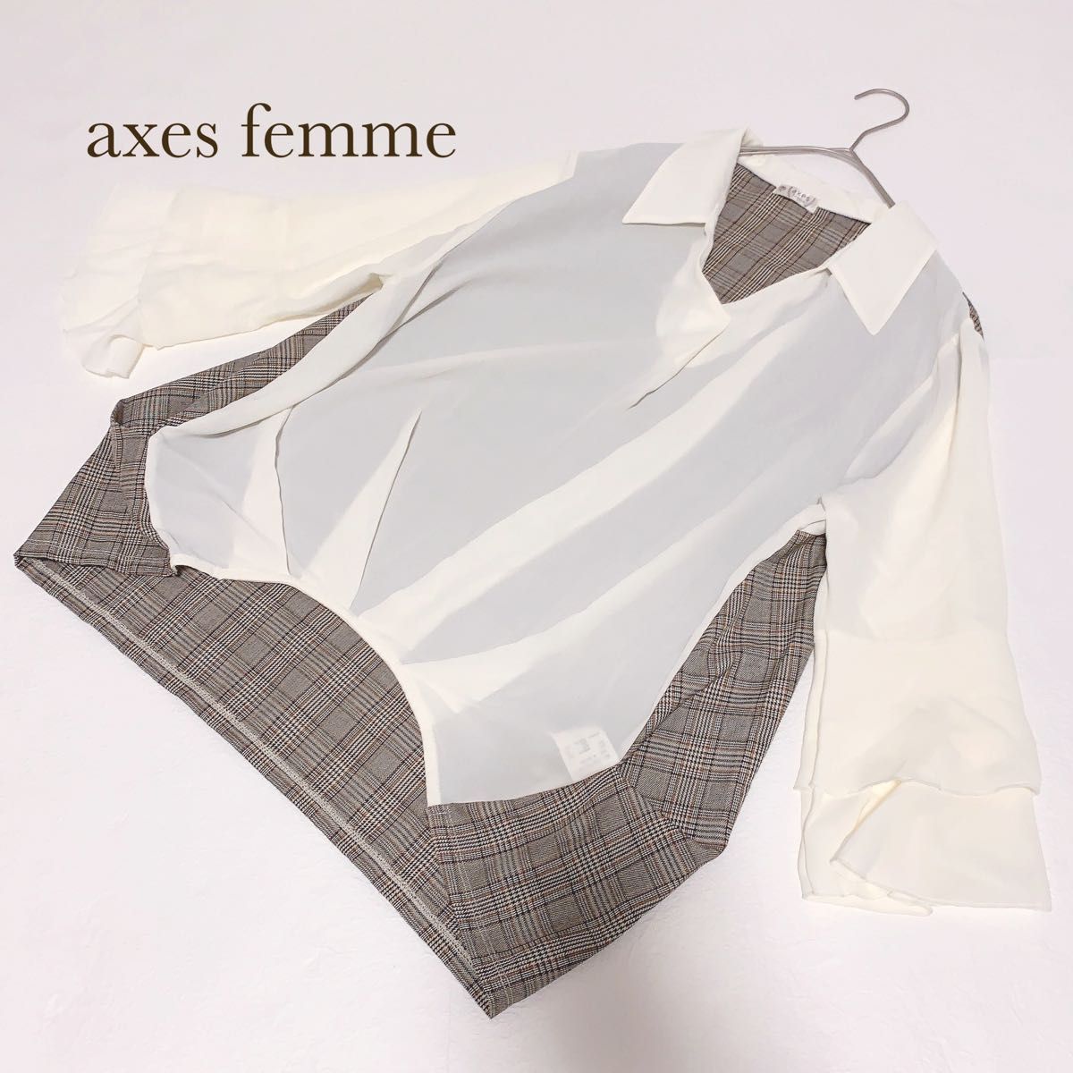 axesfemme  シースルーとチェック柄の切替し　トップス