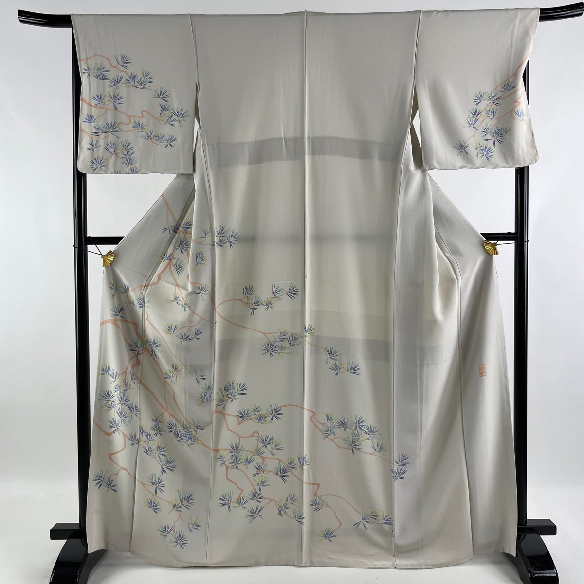 訪問着 美品 逸品 落款 由水煌人 笠松 藍色 袷 身丈166.5cm 裄丈69cm L 正絹 【中古】