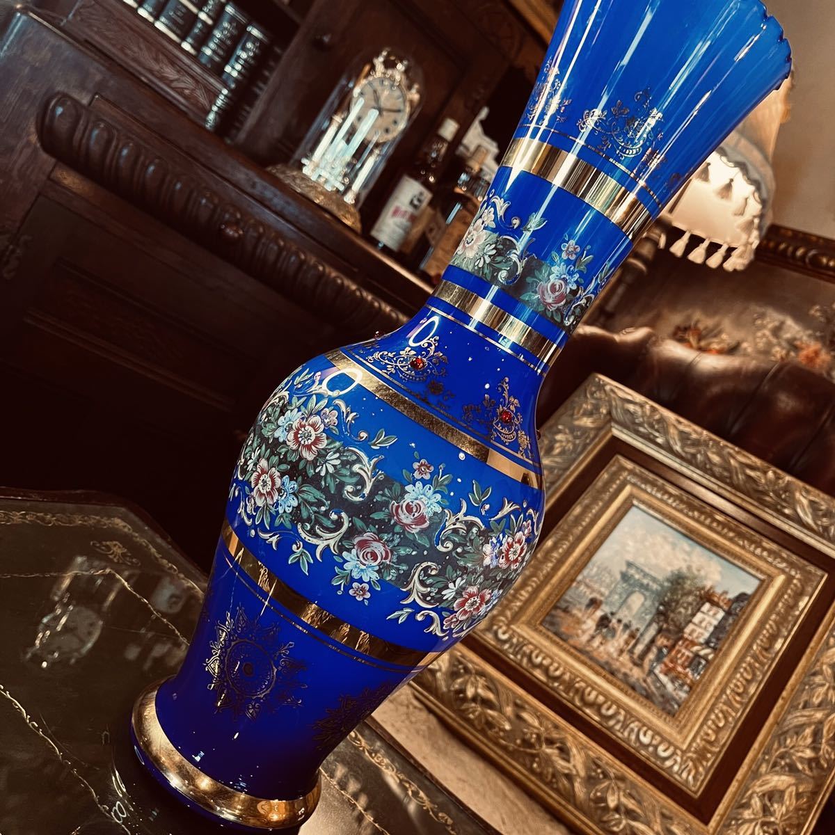 湯布院アンティーク イタリア ベネチアンガラス 高級ハンドメイド 金彩花瓶 フラワーベース スタンド サイズH 50W D