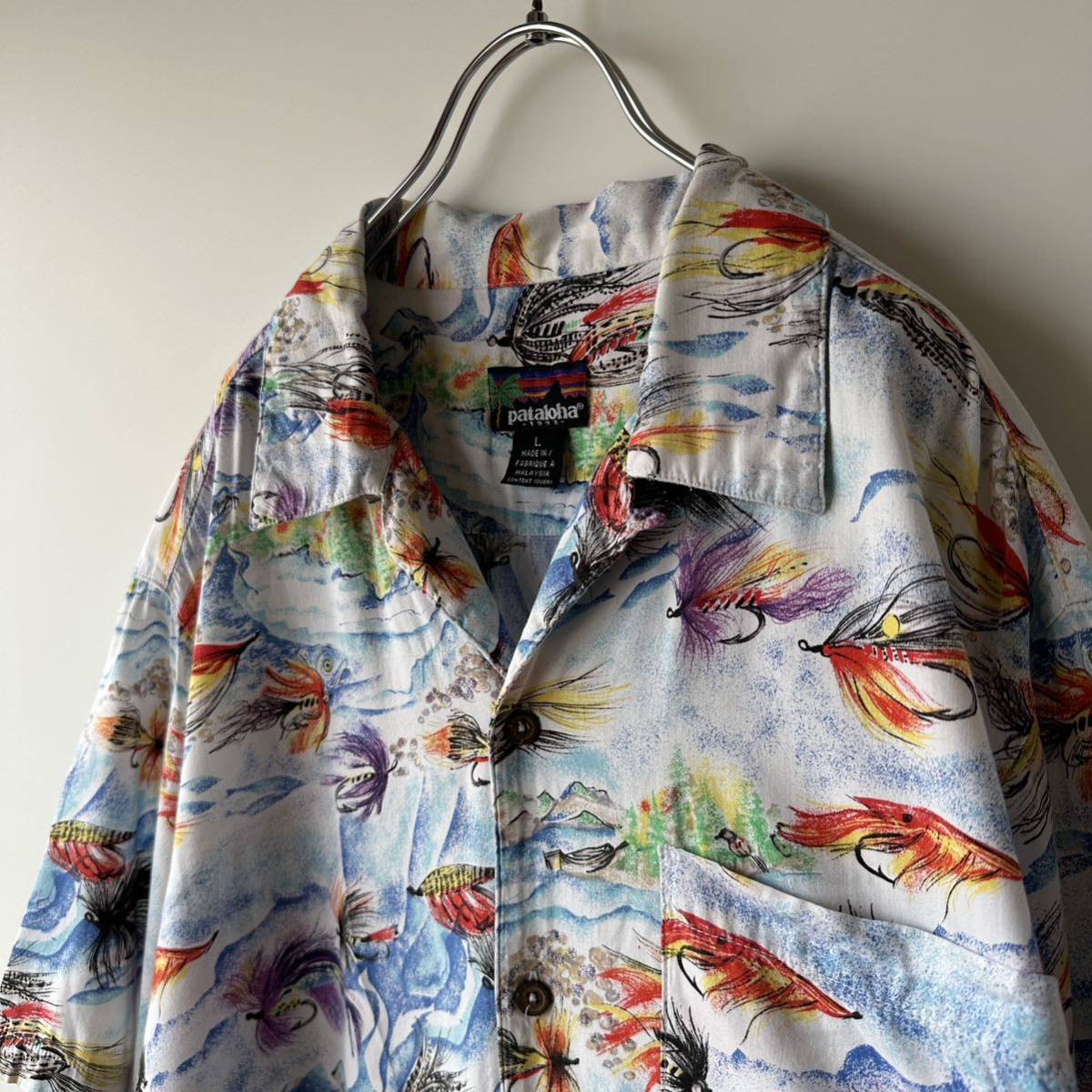 極美品 S パタロハ 1993年 毛針 総柄 アロハシャツ-