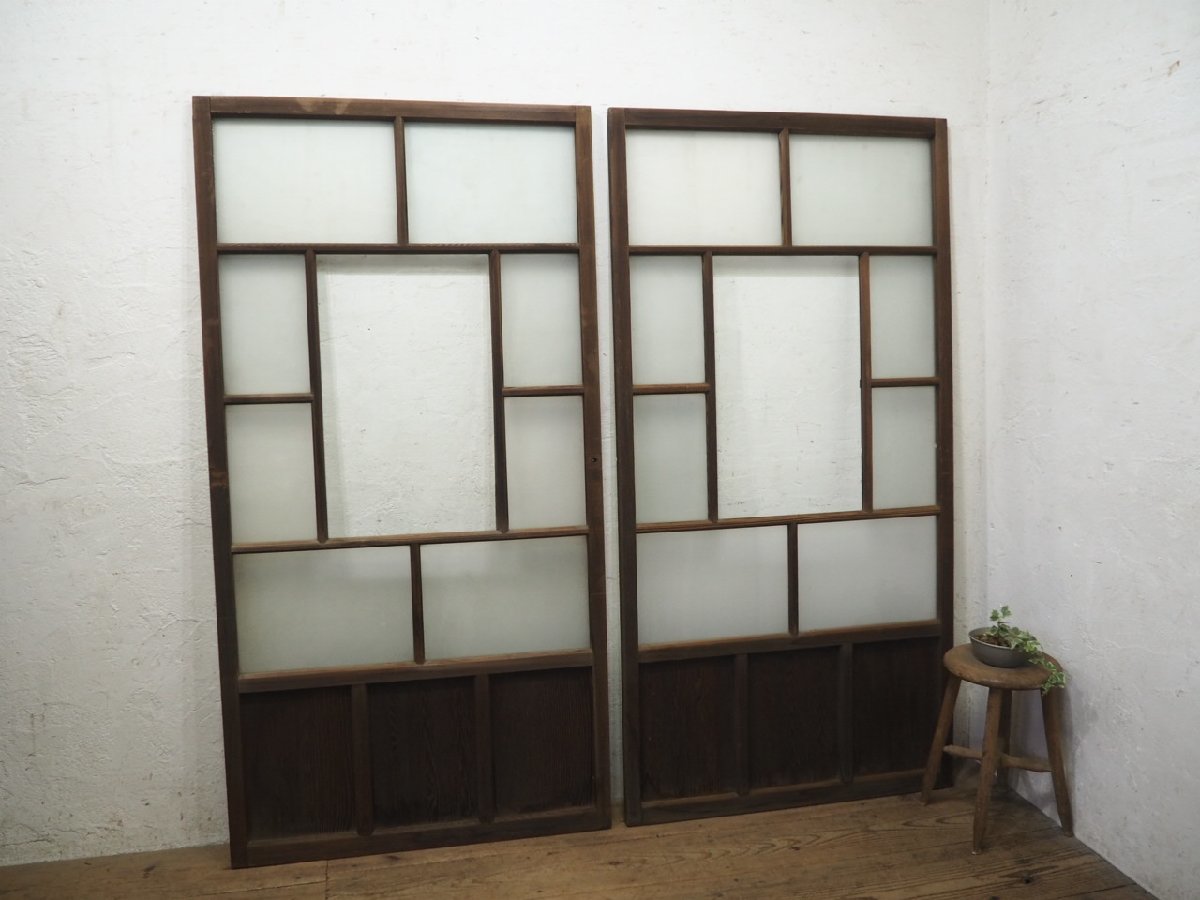 taK0163*[H175,5cm×W90cm]×2 sheets * antique *.... glass entering. old wooden glass door * fittings wave glass door entranceway door Taisho .. retro L pine 