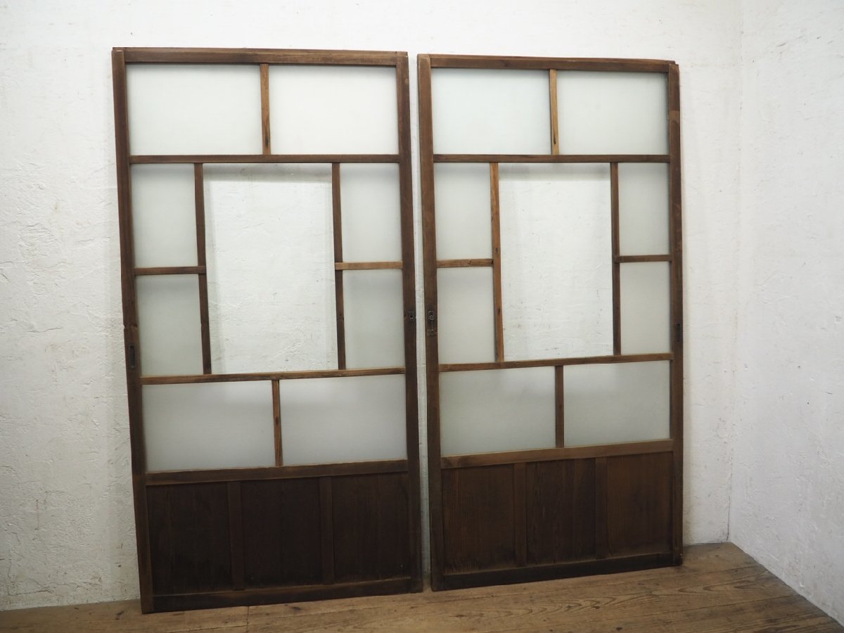 taK0163*[H175,5cm×W90cm]×2 sheets * antique *.... glass entering. old wooden glass door * fittings wave glass door entranceway door Taisho .. retro L pine 