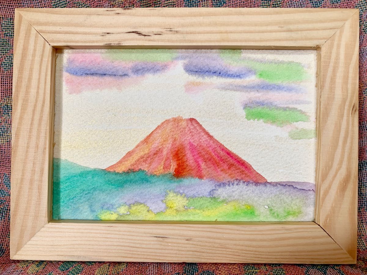 開運絵画　赤富士　金運アップ　子宝　風水　風水絵画　原画　ポストカード　富士山　開運グッズ　レインボー富士　原画　水彩画