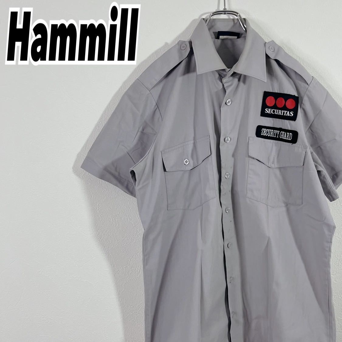 90's Hammill ハミル メンズ ヴィンテージ 半袖 ワークシャツ SECURITAS ロゴ刺繍 グレー M 古着 #TB0510_画像1