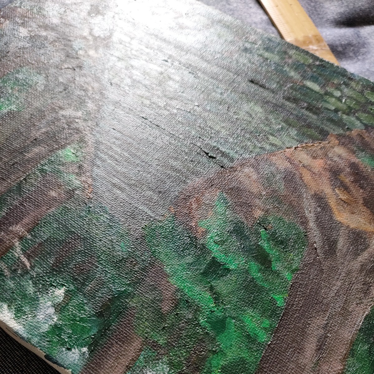  oil painting . canvas landscape painting author unknown 22×27cm mountain forest . picture stone tatami old thing 