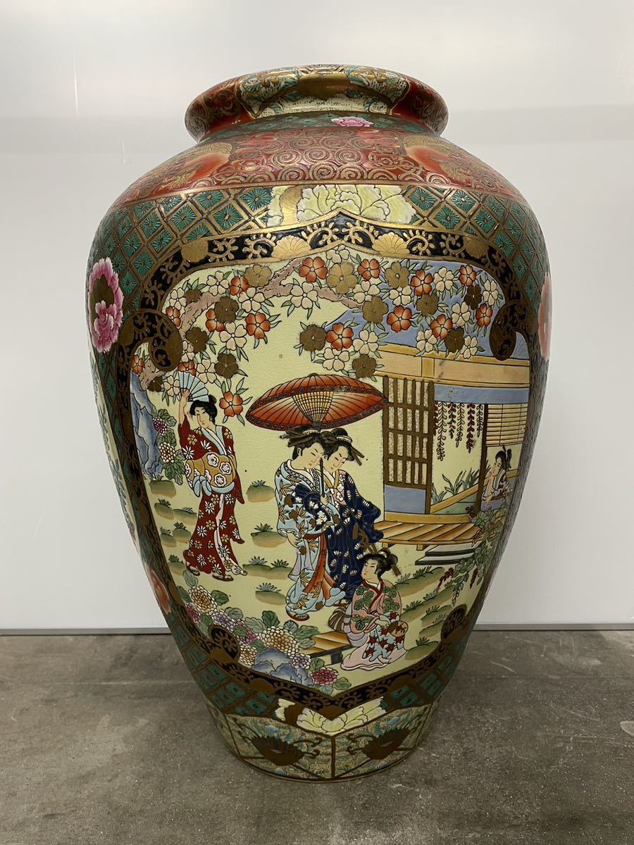 薩摩焼 特大78cm 花瓶 金彩色絵 飾壺 大壷 金襴手 美人画 中国古玩-