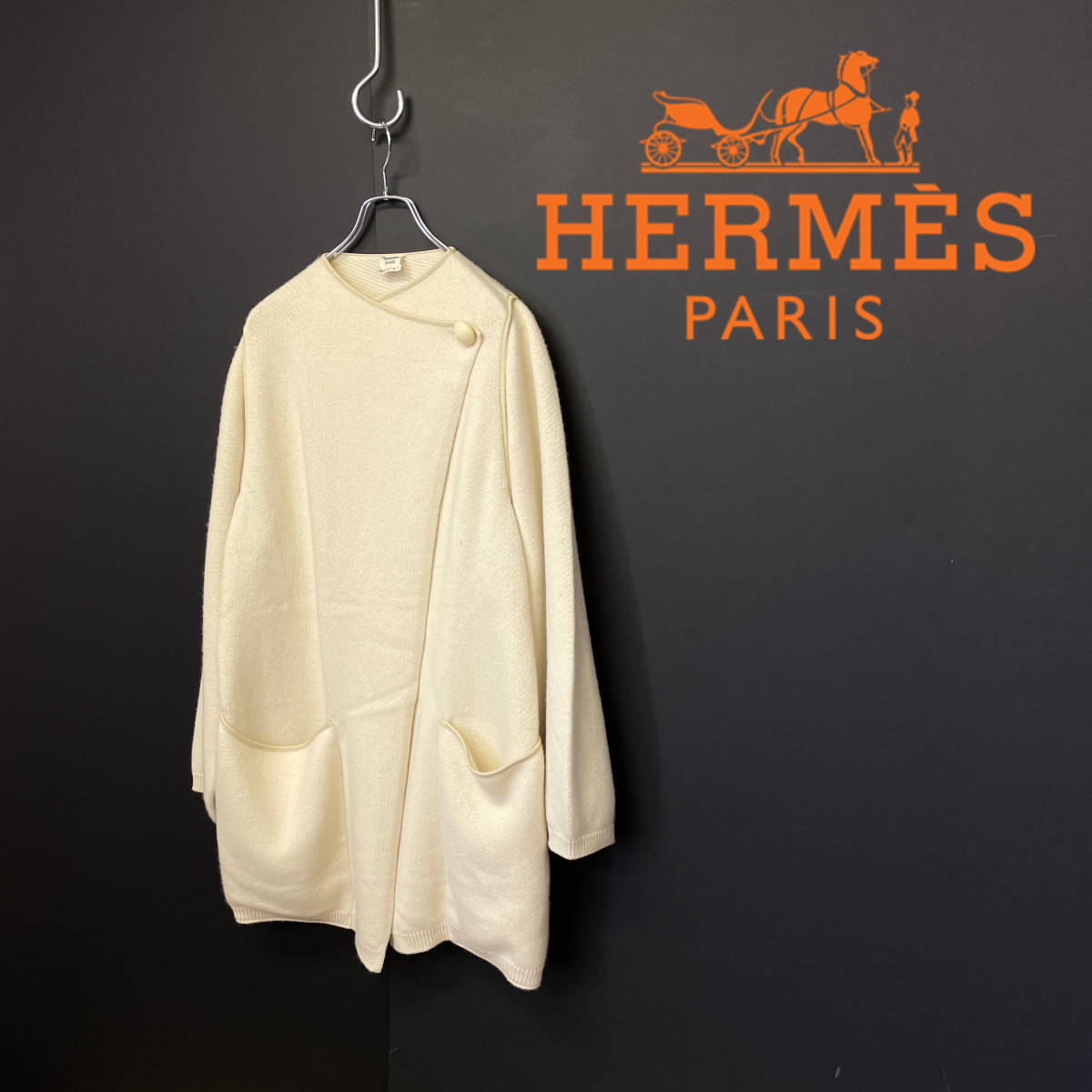 HERMES エルメス レザー パイピング カシミヤ ニット ジャケット size