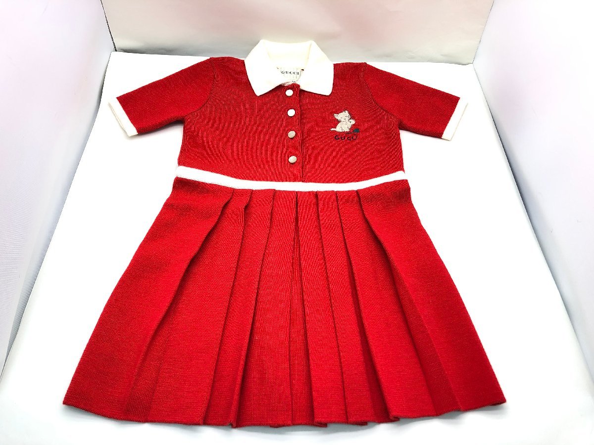 GUCCI 猫ワンポイント ワンピース 24m レッド系 キッズ 子供服 箱付き