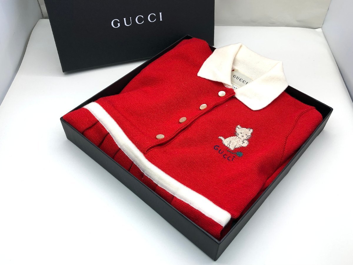 GUCCI 猫ワンポイント ワンピース 24m レッド系 キッズ 子供服 箱付き