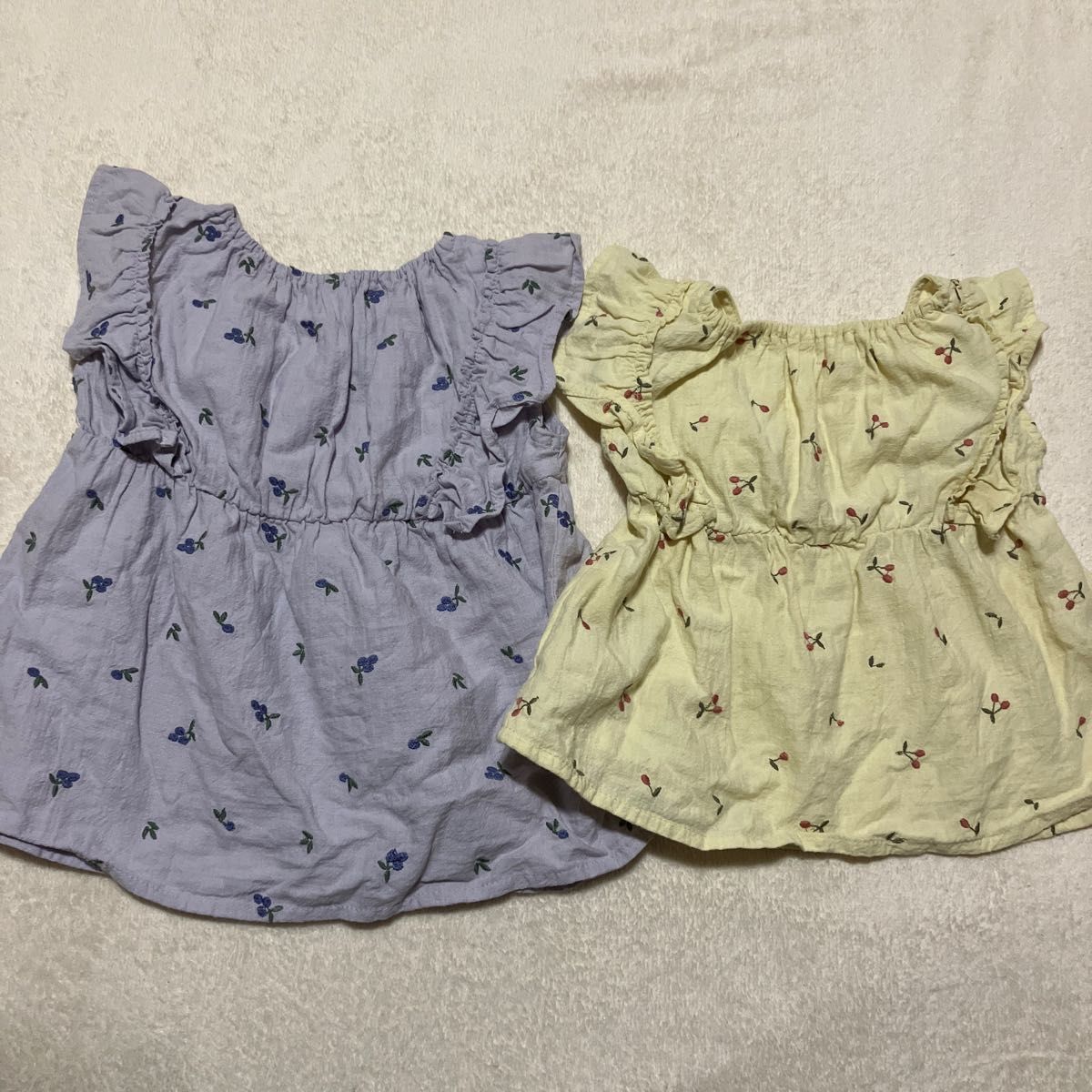 110 90 2枚セット アプレレクール 袖フリルチュニック トップス 色違い 女の子 姉妹 お揃い 半袖Tシャツ パープル 黄色