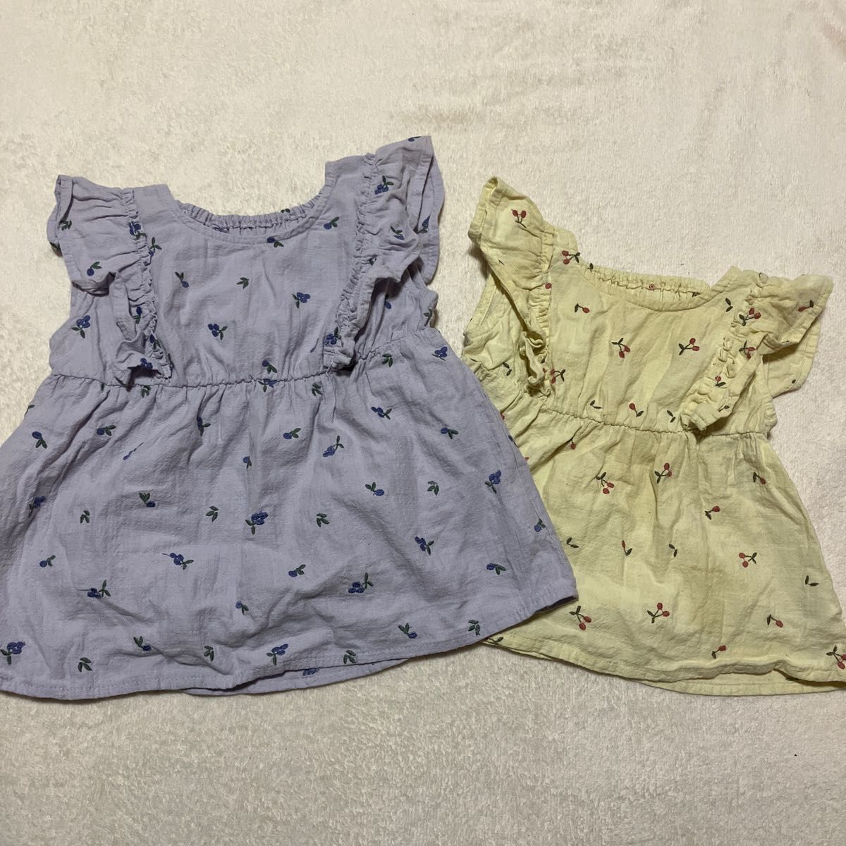 110 90 2枚セット アプレレクール 袖フリルチュニック トップス 色違い 女の子 姉妹 お揃い 半袖Tシャツ パープル 黄色