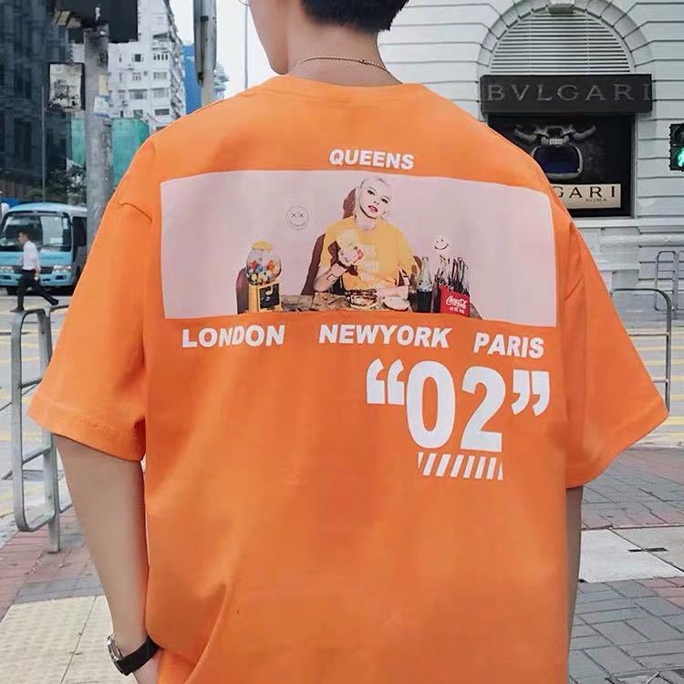 ビッグシルエット プリント Tシャツ トップス シャツ カットソー 半袖 ストリート ビッグT レディース メンズ オレンジ L