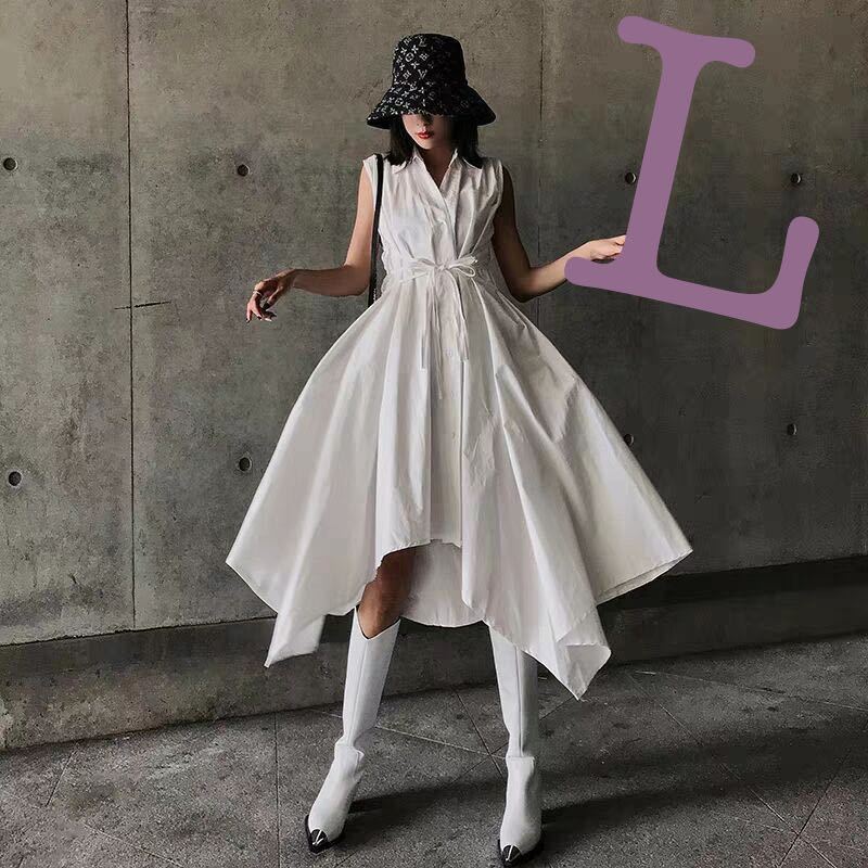  One-piece long One-piece maxi height dress no sleeve long skirt asimeto Lee shirt One-piece mode white white L