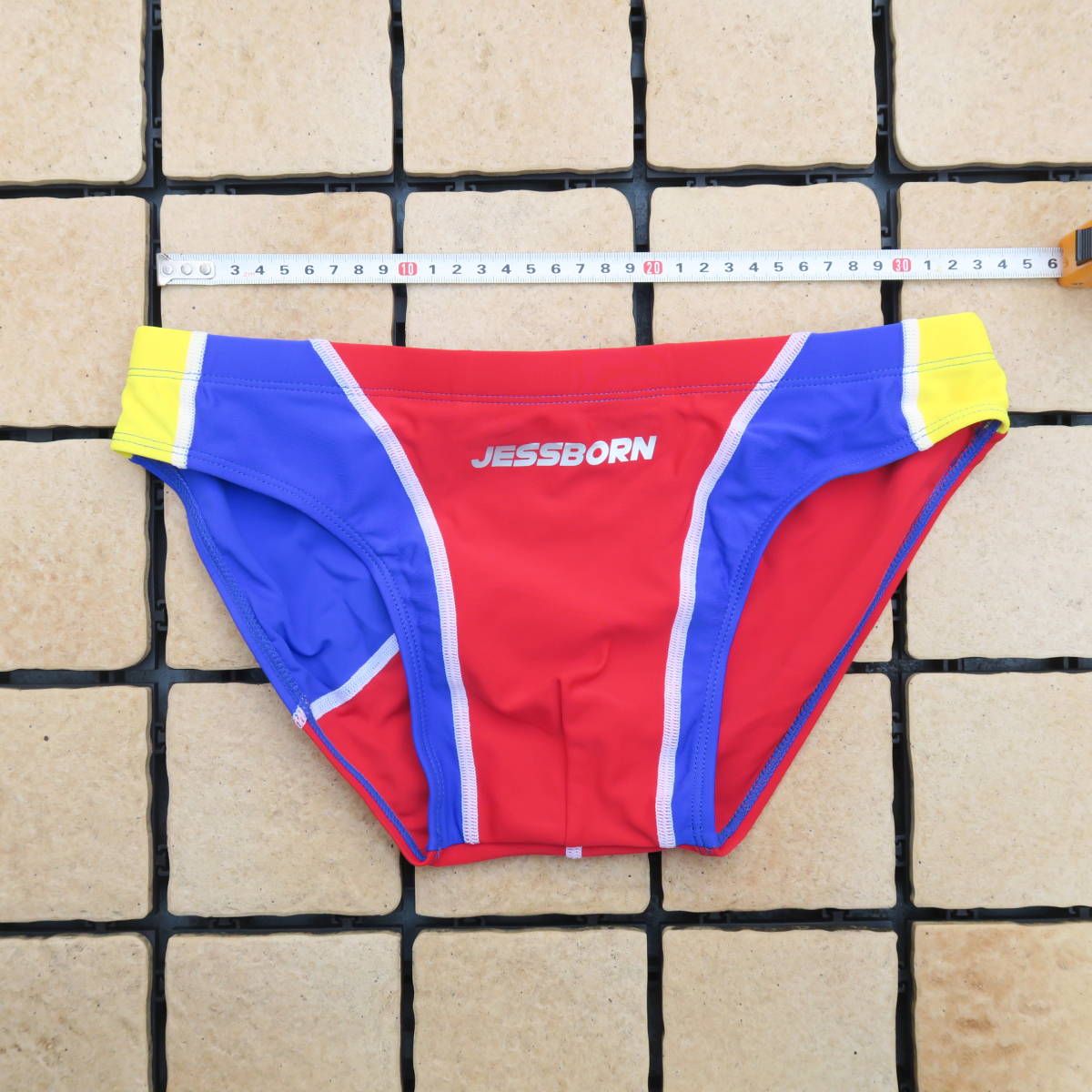 新品】JESSBORN 男子競泳水着 ブルー×レッド×イエロー Mサイズ 的详细