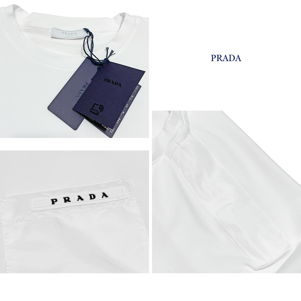 新品プラダPRADAメンズ異素材mix クルーネックTシャツ白#M●